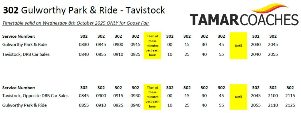Bus timetable for park & ride service 302 from Gulworthy to Tavistock and return on 8th October 2025