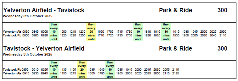 Bus timetable for park & ride service 302 from Yelverton to Tavistock and return on 8th October 2025