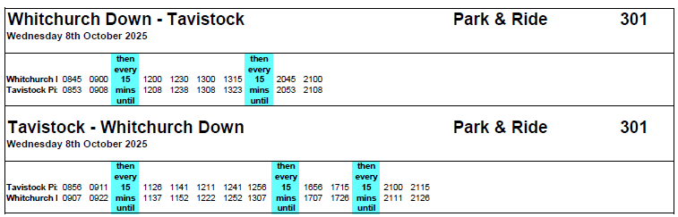 Bus timetable for park & ride service 302 from Whitchurch Down to Tavistock and return on 8th October 2025