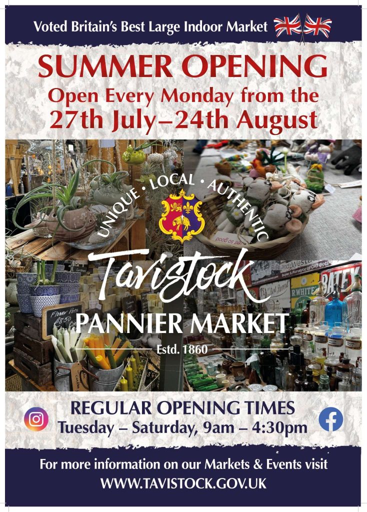 Flyer explaining the summer opening times of the Pannier Market - Opening on every monday from the 27th of July until the 24th August