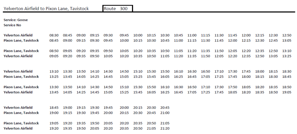 Bus time table from Yelverton Airfield to Pixon Lane for Goose Fair 14.10.26