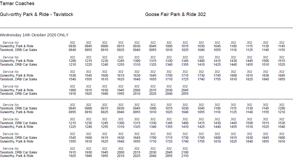 Bus timetable Gulworthy to Tavistock for Goose Fair on 14th October 2026